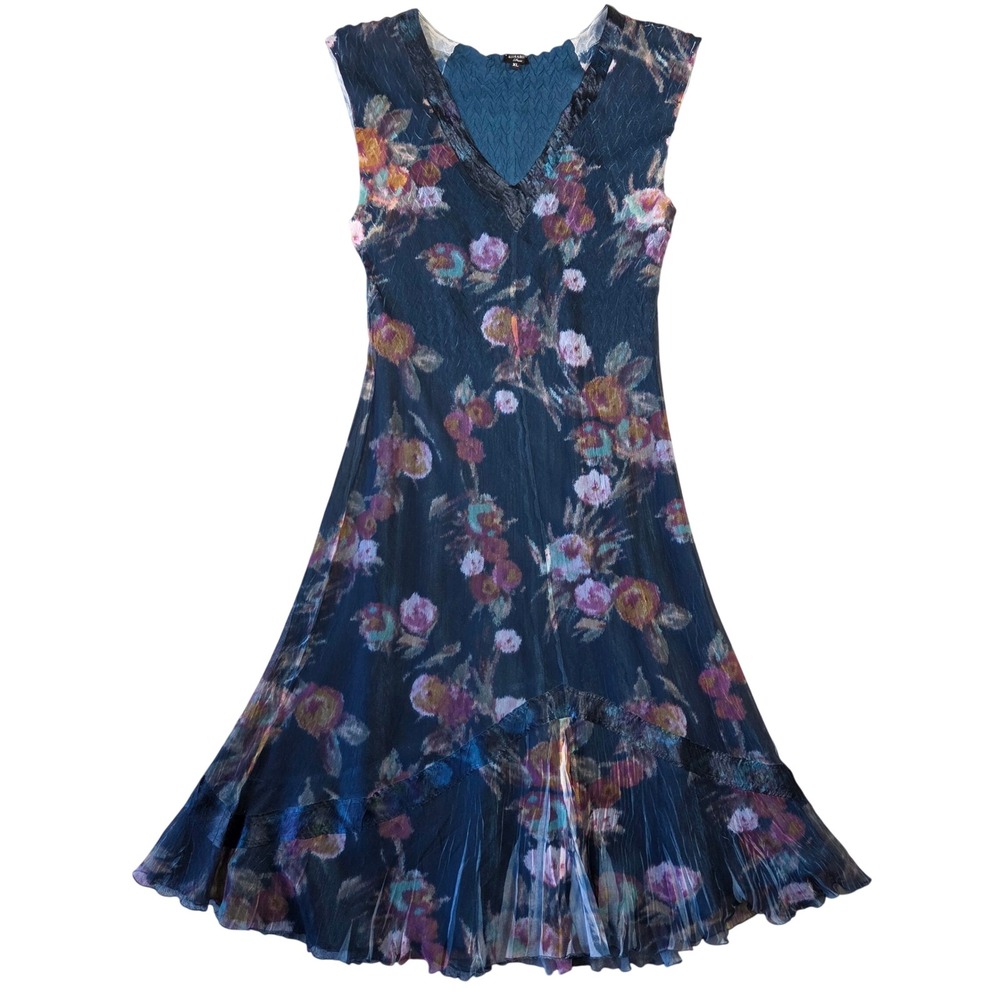 Komarovโ Floral Midi Dress Womens XL Crinkle Plisse Garden Tea Party Whimsical
